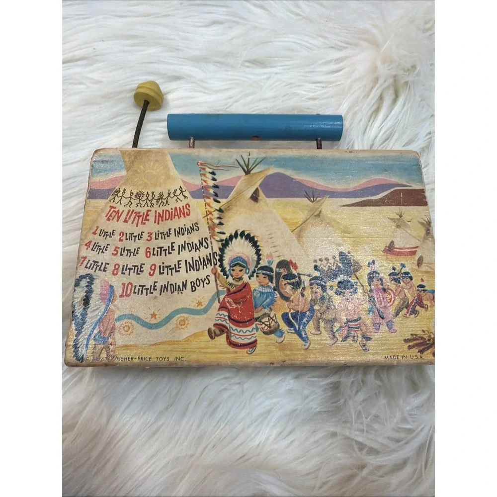 Vintage 1961 Fisher Price Wooden TV-Radio Ten Little Indians Wind Up Music Works